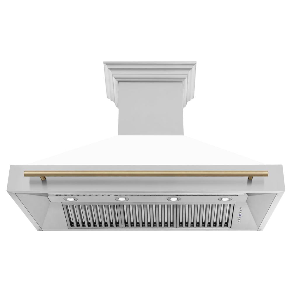 ZLINE Autograph Edition 48-inch Stainless Steel Dual Fuel Range with White Matte Door & Range Hood - Champagne Bronze Accents (2AKP RAWMRH48 CB) | Professional Kitchen Package for Modern Homes & Gourmet Cooking