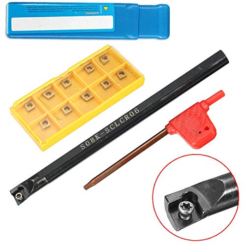 S08K-SCLCR06 Boring Bar Tool Holder with 10pcs CCMT060204-HM Carbide Inserts & Wrench - Lathe Turning Tool for Metalworking, CNC Machining, and DIY Projects