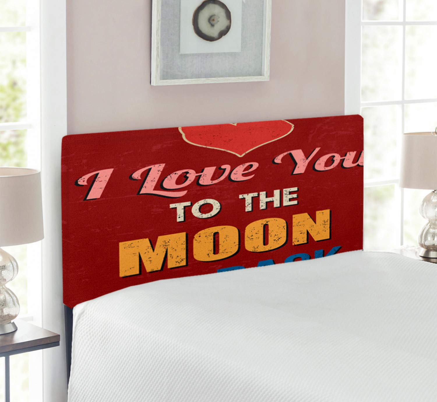 Ambesonne Vintage 'I Love You to The Moon and Back' Upholstered Metal Headboard with Memory Foam - Twin Size, Ruby Marigold - Romantic Bedroom Decor for Couples & Master Suites