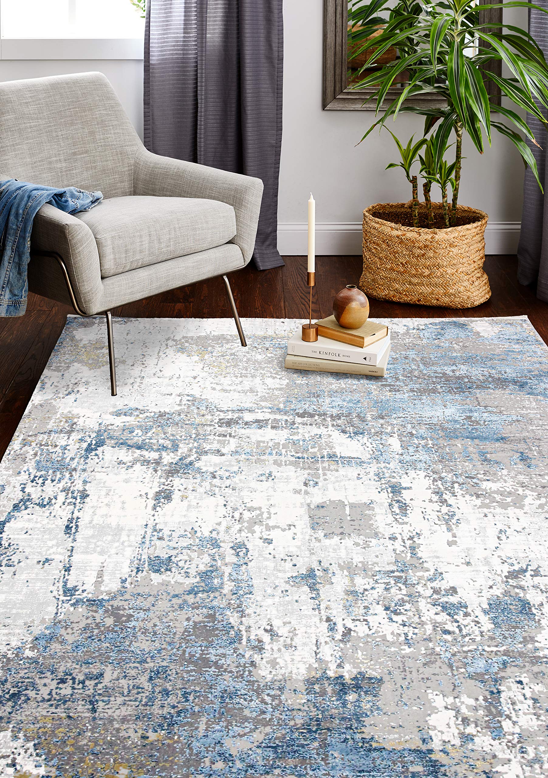 Luxury Bashian Collection Area Rug - 2.6’ x 8’ Power Loom Viscose & Polyester Runner Rug for Entryway, Living Room, Bedroom - Ivory & Blue Home Decor - Perfect for Hallways, Dining Areas & Cozy Spaces