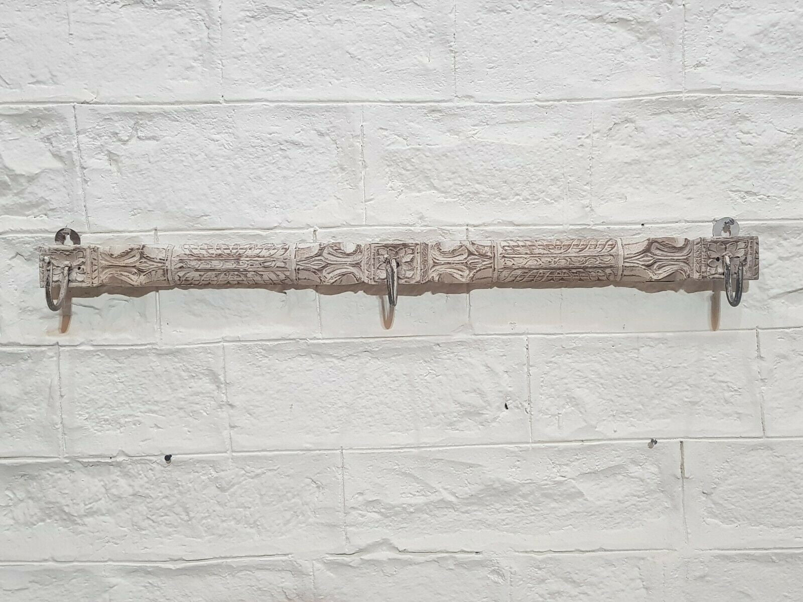 Hand Carved Indian Solid Wood Wall Hanger - 36.6 Inch Whitewashed Wooden Coat Rack - Perfect for Entryway, Bedroom, and Living Room Organization