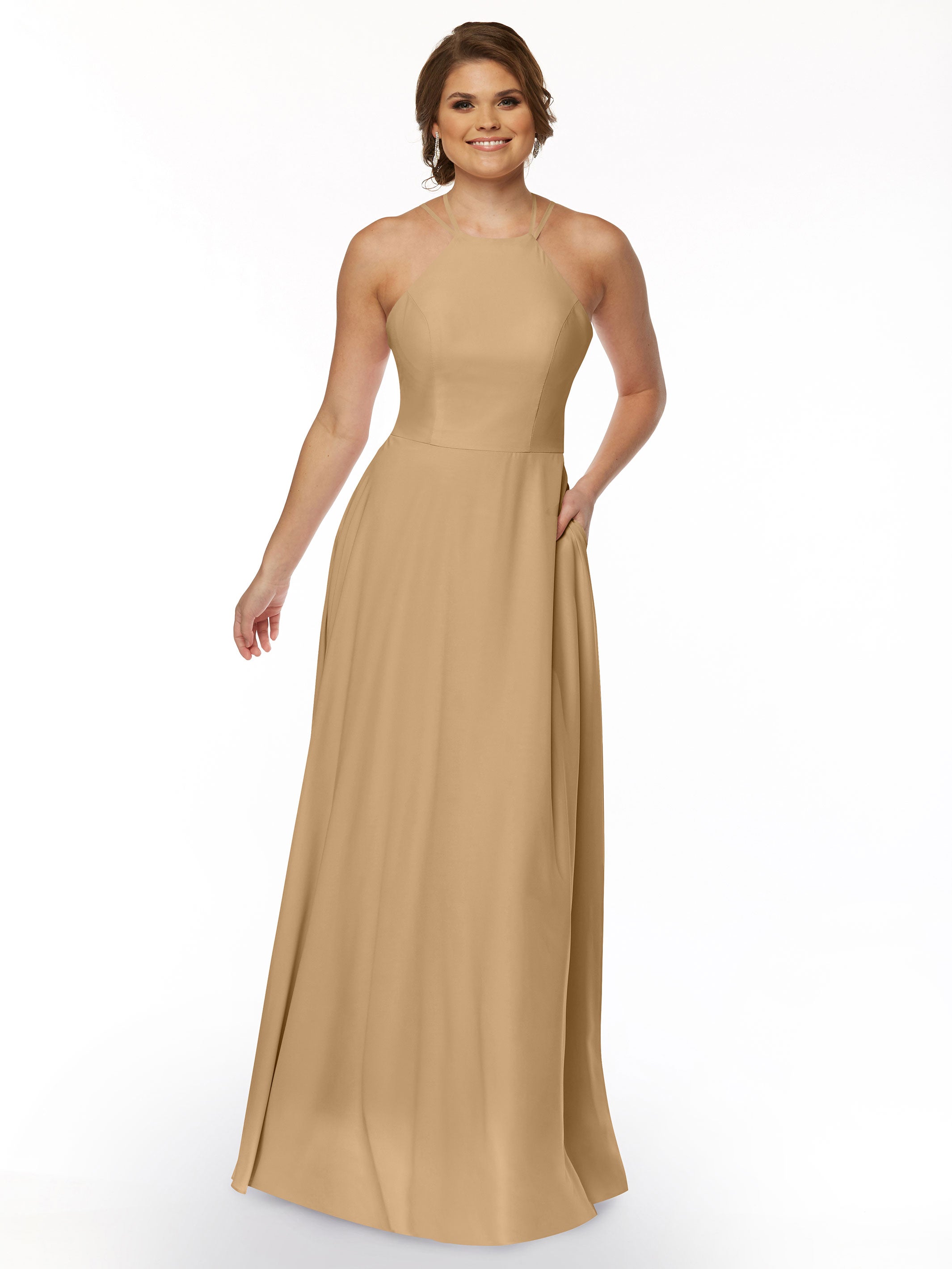 Elegant 83006 Stretch Chiffon A-Line Bridesmaid Dress with Halter Neckline - Perfect for Weddings, Formal Events & Special Occasions