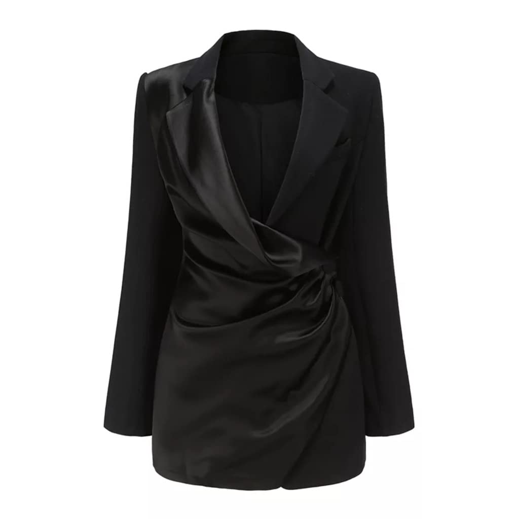 Women's Ruched Solid Blazer with Notched Collar - Minimalist Long Sleeve Spring Fashion Jacket (Black, Size M) - Perfect for Office Wear, Business Meetings & Smart Casual Outfits