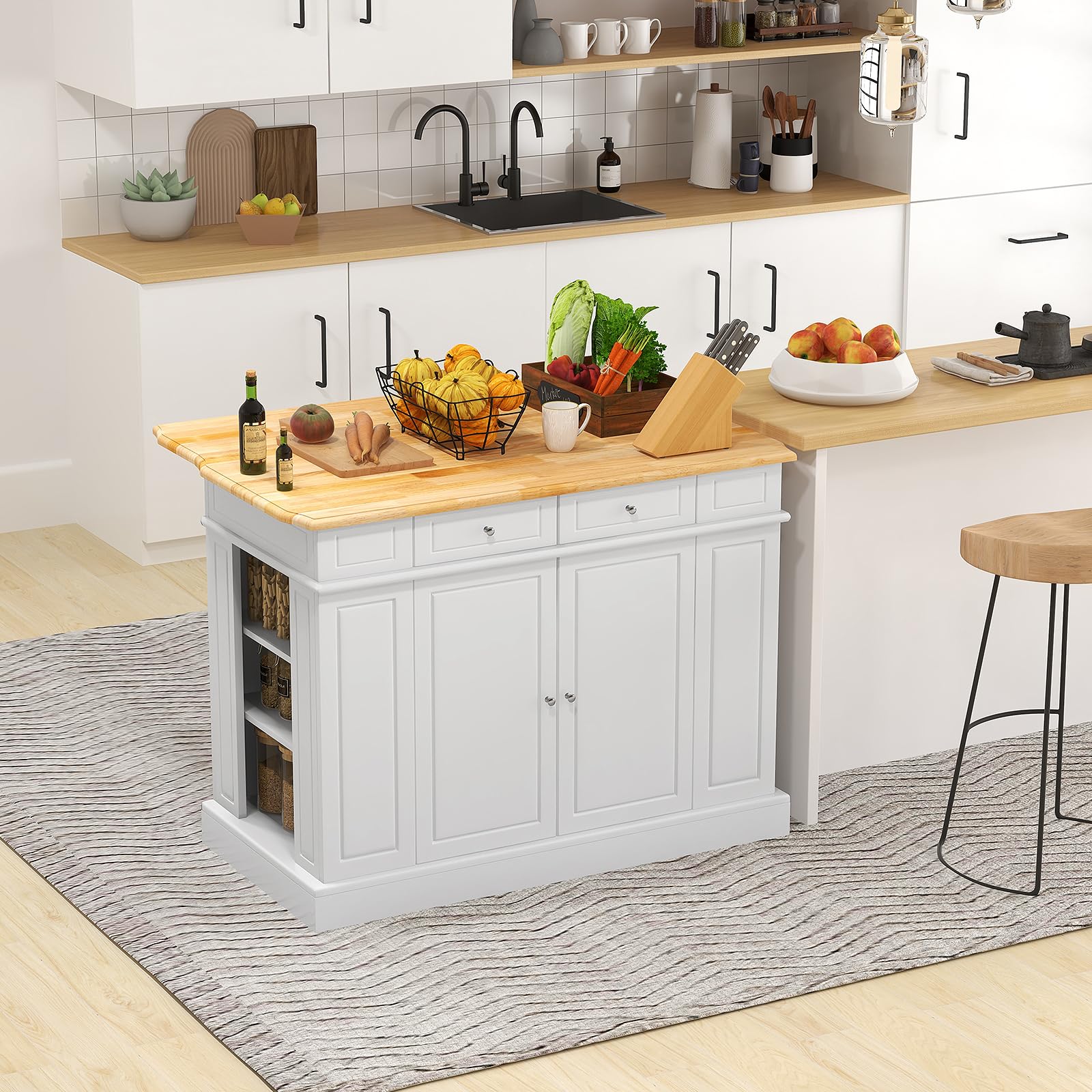 White Kitchen Island with Drop Leaf & Storage - Rubber Wood Breakfast Bar, 2 Drawers, Adjustable Shelves & Spice Racks | Perfect for Small Kitchens, Dining Rooms & Home Offices | Space-Saving Stationary Island Table for Meal Prep & Entertaining
