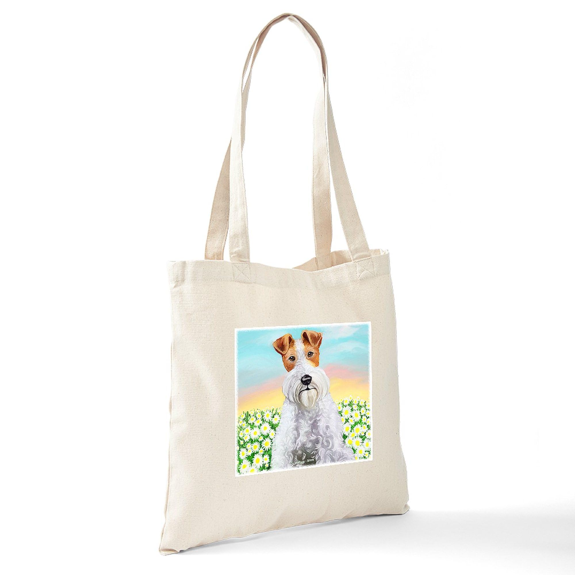 Wire Fox Terrier Daisy Tote Bag - Natural Canvas Reusable Shopping Bag for Groceries, Beach & Daily Use | Eco-Friendly Tote Bag with Cute Dog Design