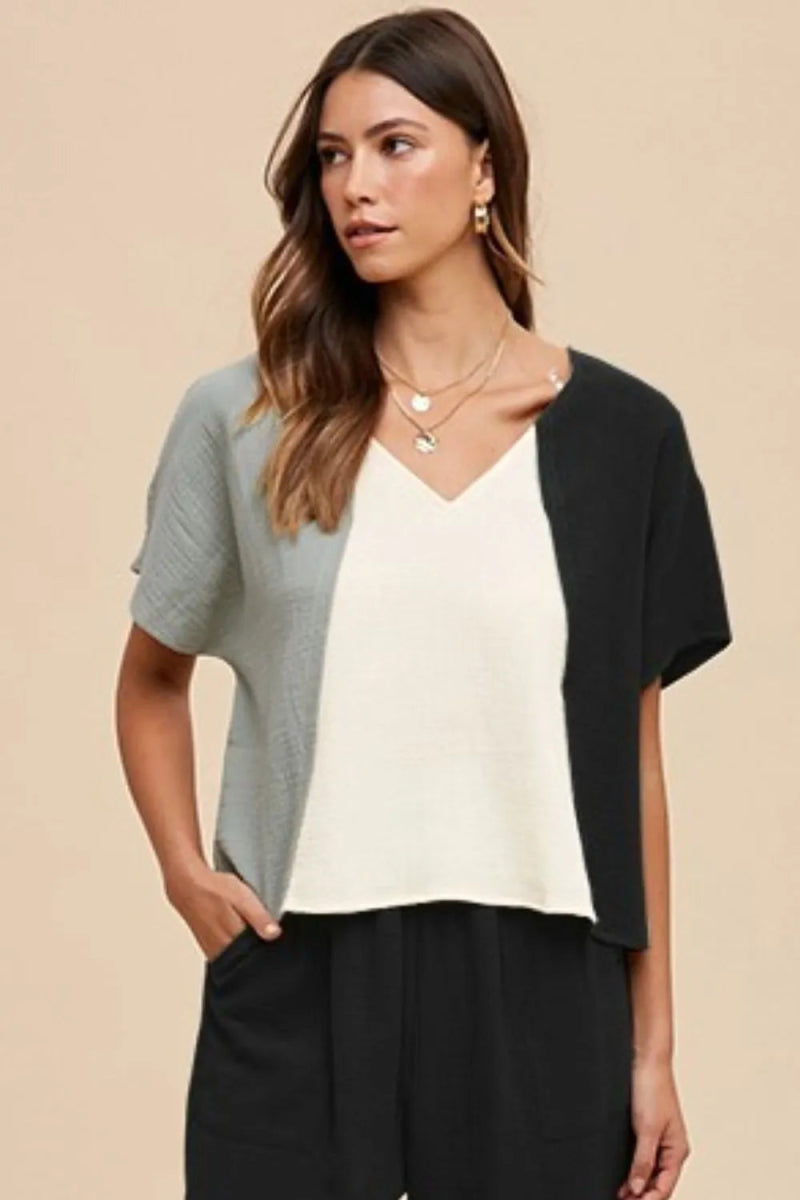 Annie Wear Women's Color Block Cotton Gauze V-Neck Top - Breathable Summer Blouse for Casual Outings & Beach Vacations