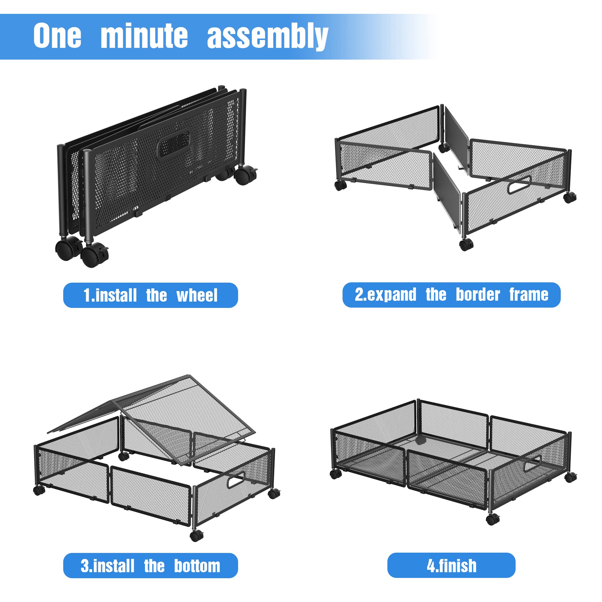 Under Bed Storage with Wheels - 4 Pack Metal Underbed Storage Containers & Drawers for Shoes, Clothes, Blankets | Bedroom Organization Solution | Space-Saving for Small Apartments & Dorm Rooms