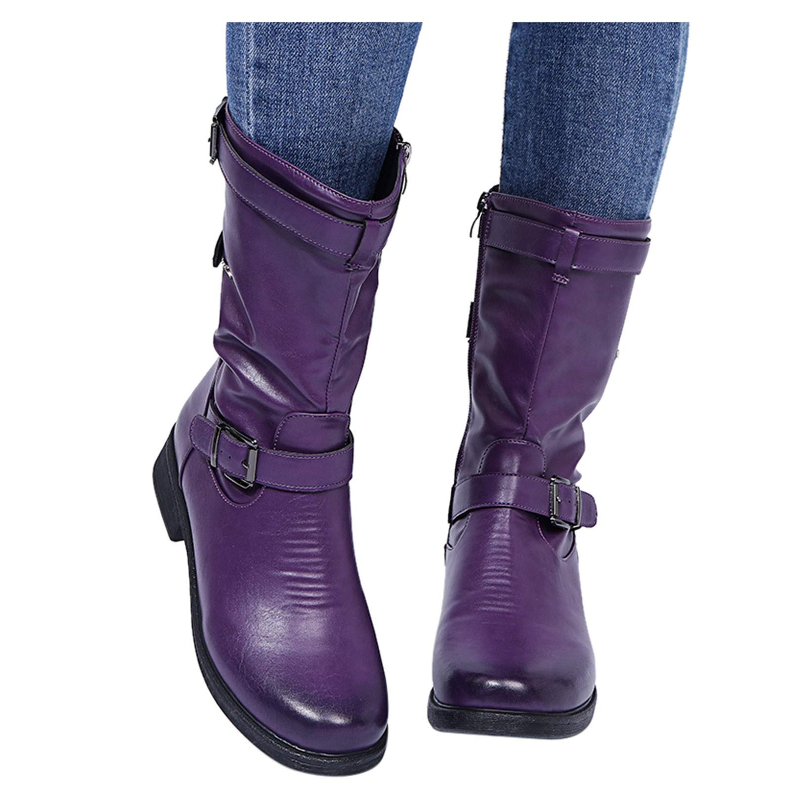 AIHOU Women's Cowboy Boots with Zip Up & Buckle Strap - Platform Mid Calf Riding Boots for Casual Wear & Western Style Outfits