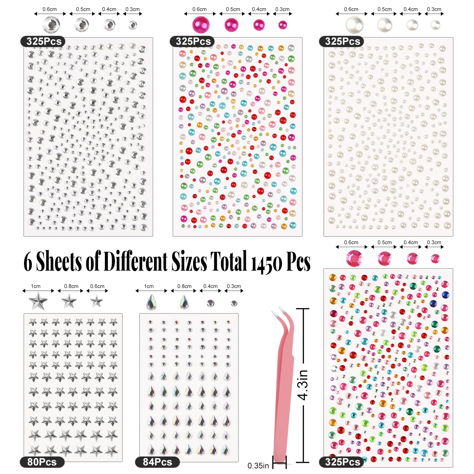 1450 PCS Self-Adhesive Face Gems Rhinestones Stickers - 3/4/5/6mm Pearls & Jewels for Makeup, Hair, Eyes, Nails, Body Art & DIY Crafts | Perfect for Festival, Party, Cosplay & Special Occasion Makeup