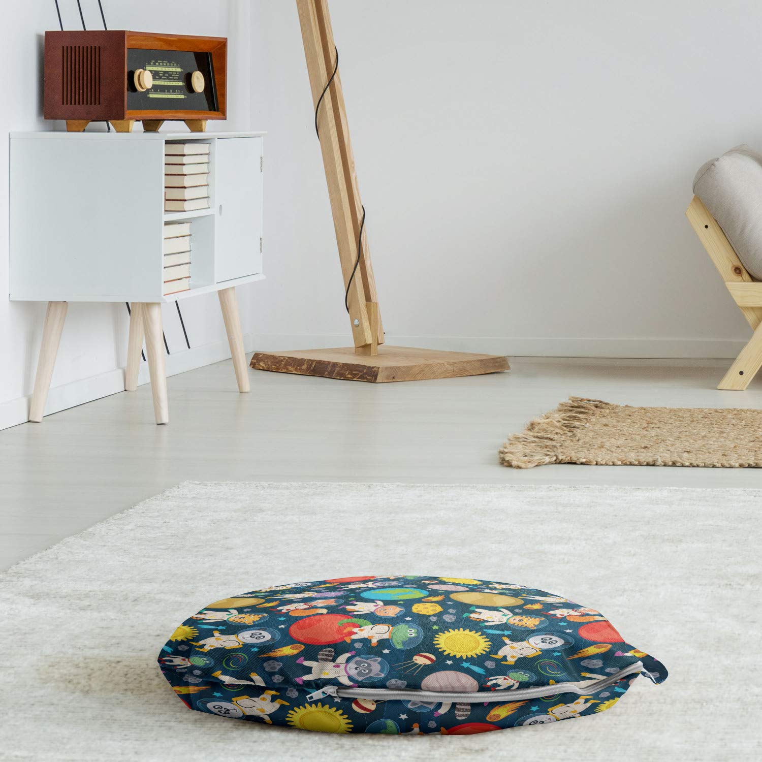 Ambesonne Space Round Floor Cushion with Handle - Funny Astronauts & Planets Design - 18