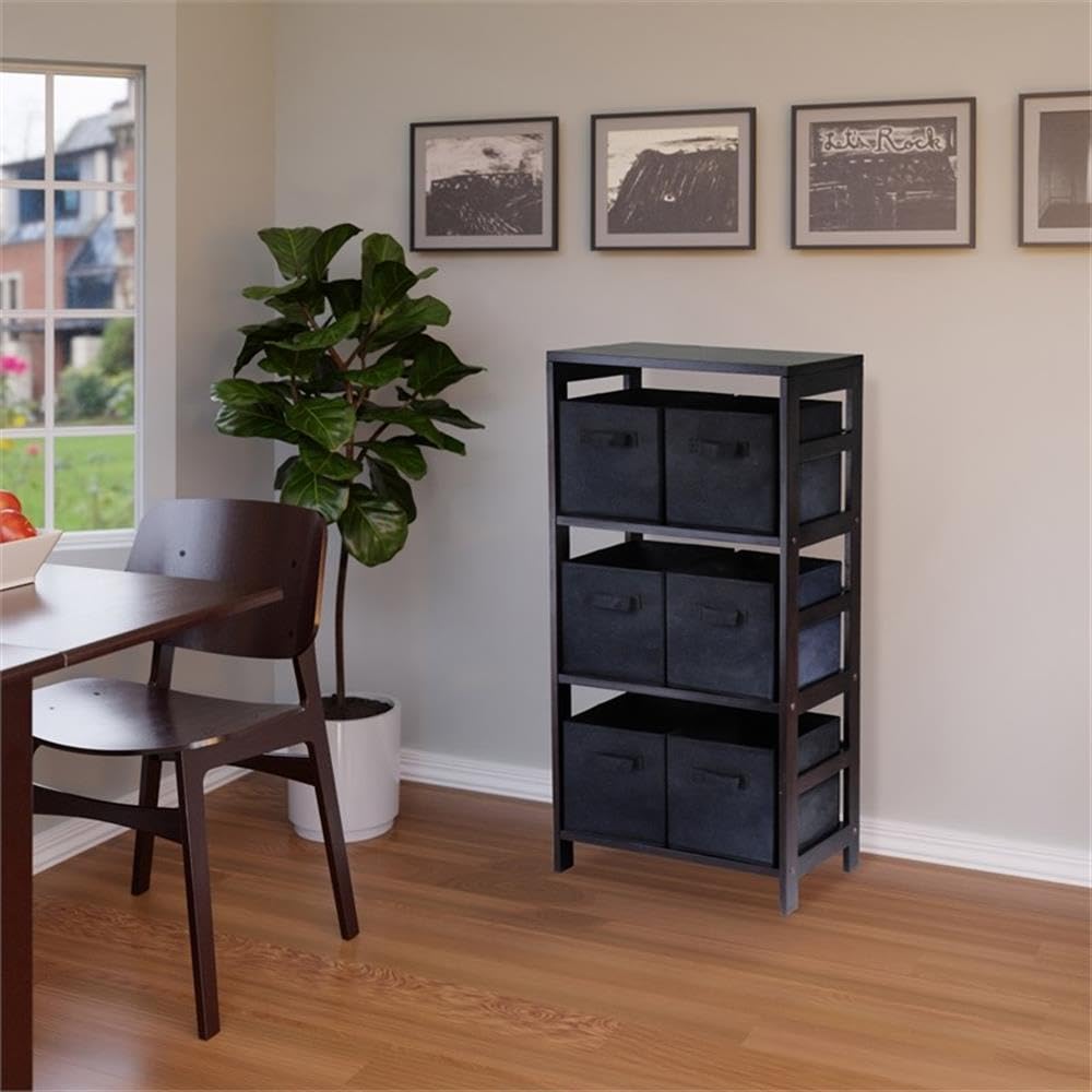 Winsome Wood Capri 3-Tier Storage Shelf with 6 Black Fabric Baskets - Foldable Organizer for Bedroom, Bathroom, or Closet - Perfect for Home Organization and Space Saving