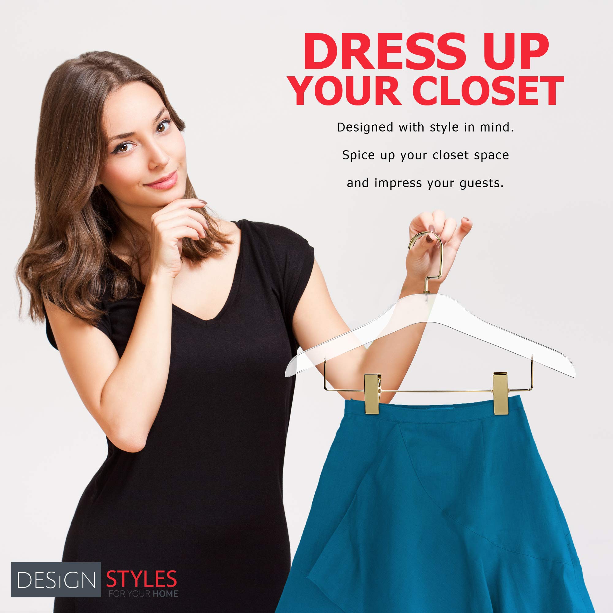 Clear Acrylic Skirt Hangers - 10 Pack Heavy Duty 0.5 Inch Thick Non-Slip Closet Organizers with Gold Chrome Plated Hooks & Clips - Premium Clothing Hangers for Skirts, Pants, Dresses - Perfect for Wardrobe Organization & Retail Display