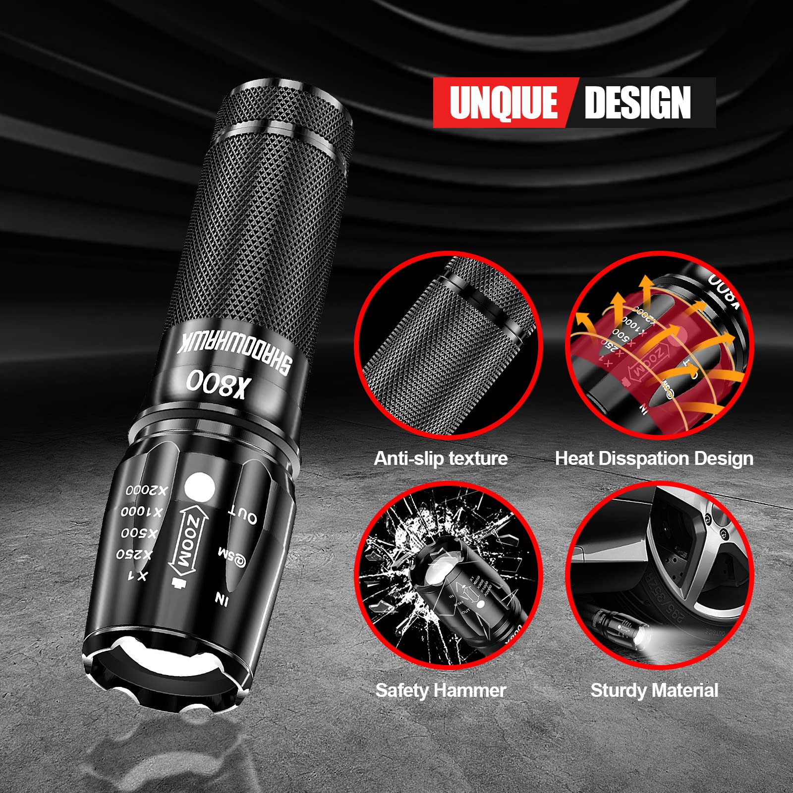 Shadowhawk X800 Ultra Bright 450,000 Lumen Rechargeable LED Flashlight - IP67 Waterproof Tactical Flashlight with 5 Light Modes & Zoom - Perfect for Outdoor Camping, Hiking, Emergency & Survival Gear