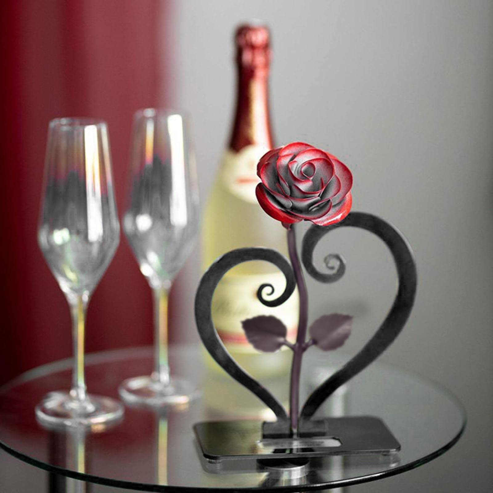 Hand-Forged Wrought Iron Red Metal Rose with Heart-Shaped Stand - Artificial Flower Gift for Valentine's Day, Mother's Day, Anniversary, Birthday & Wedding - Perfect for Home Decor, Romantic Surprises and Special Occasion Gifts