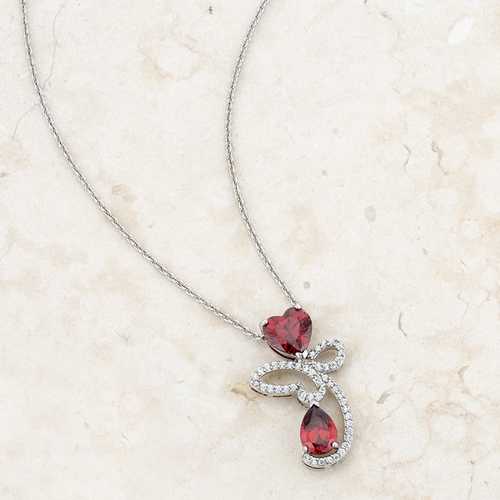 3.2ct Garnet & CZ Heart Drop Necklace in Rhodium - Elegant Abstract Jewelry for Women, Valentine's Day Gift, Anniversary Present, Party Wear & Special Occasions