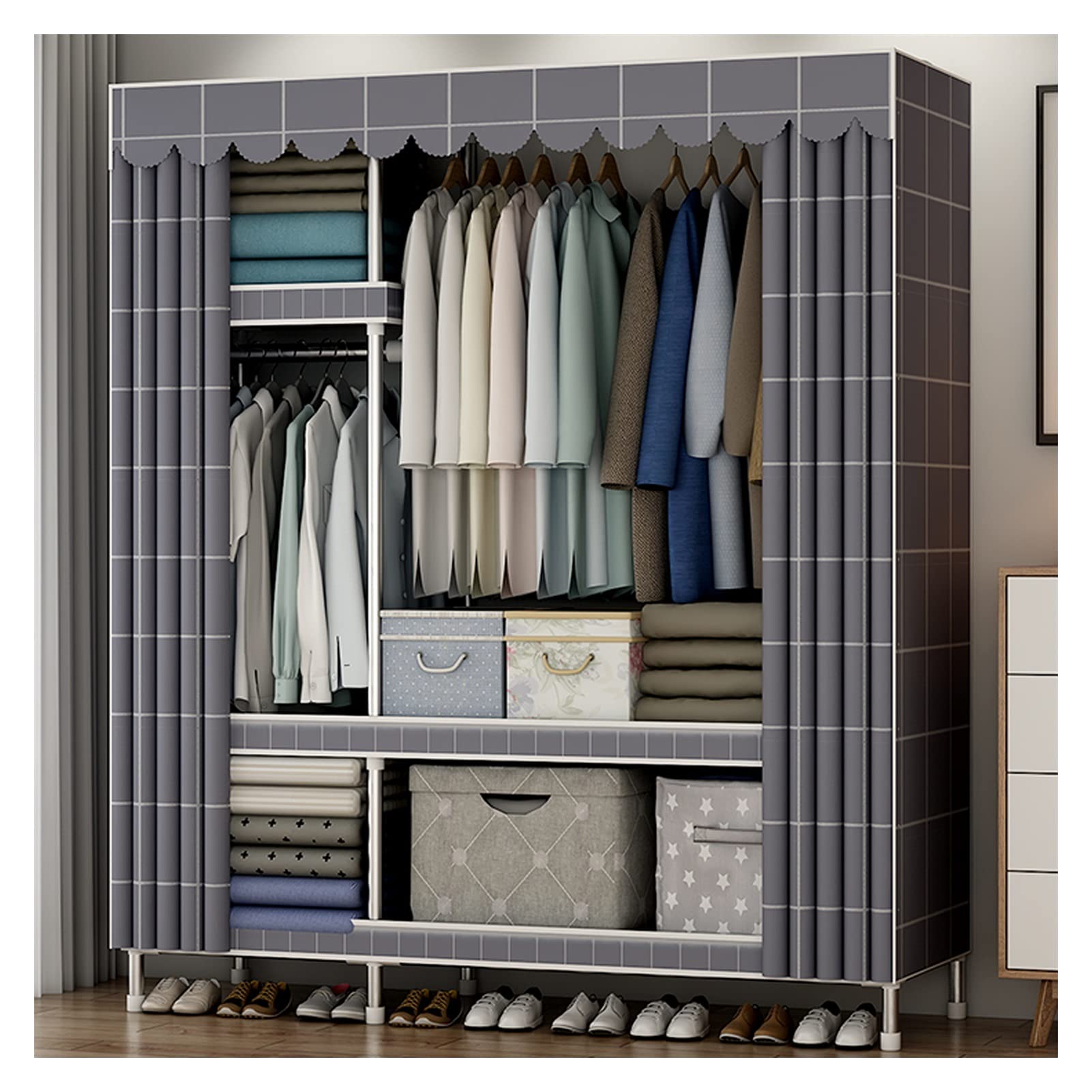 Portable Wardrobe Closet Organizer with Washable Fabric Cover & Side Pockets - Foldable Clothes Storage for Home, Dorm, Travel & Camping (Color: Beige)