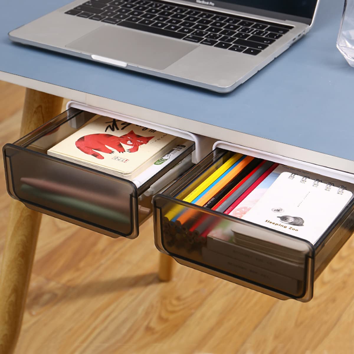 2 Pack Under Desk Storage Drawer Organizer - Self-Adhesive Hidden Drawer for Office, Makeup & Home Organization - Black Medium Size - Perfect for Desk Accessories, Stationery & Beauty Essentials