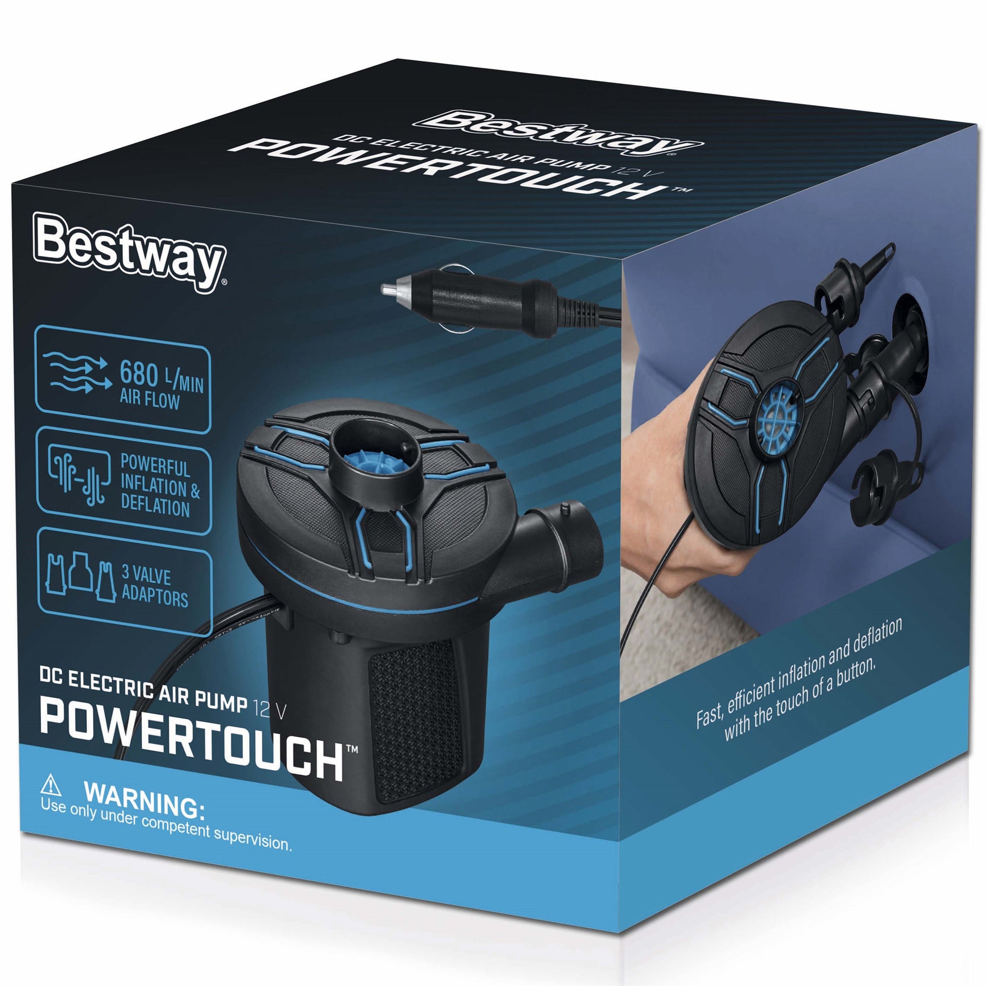 Bestway PowerTouch DC Electric Air Pump - Portable, Fast Inflation for Pools, Air Mattresses & Inflatables | Perfect for Camping, Travel & Beach Days