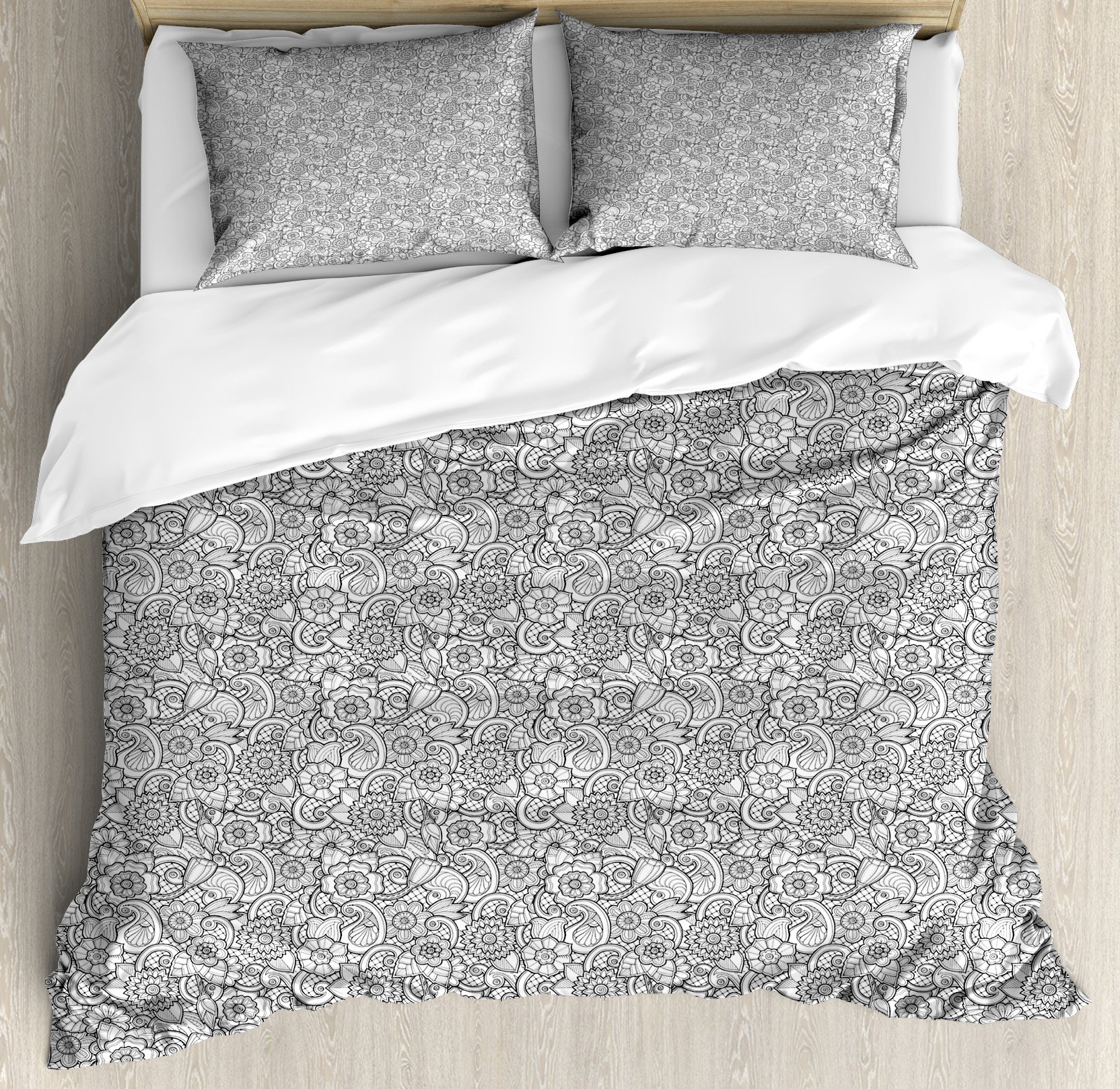 Ambesonne Black and White Paisley Duvet Cover Set - King Size 3-Piece Bedding with Sketch Style Floral Leaves Design | Monochrome Home Decor for Modern & Bohemian Bedrooms