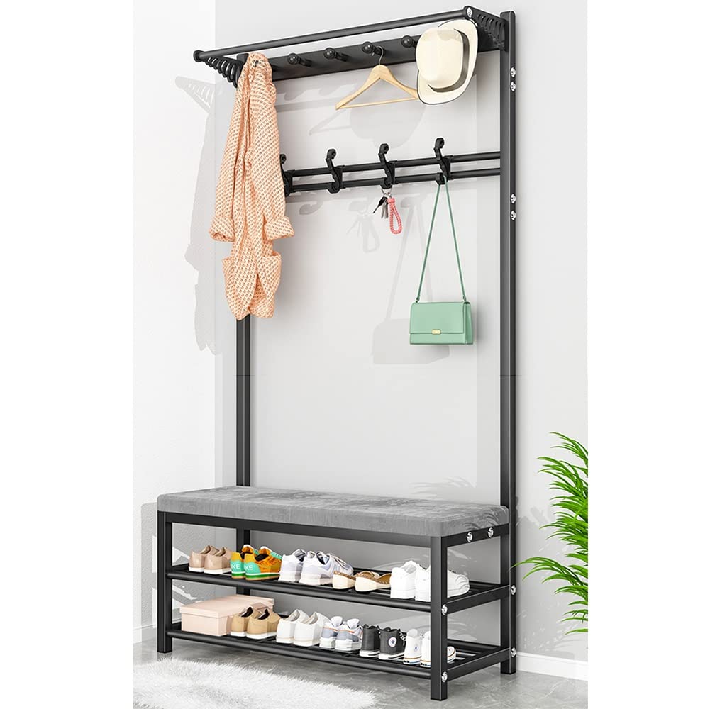 Vintage Coat Rack Shoe Bench with Seat Cushion - 4-in-1 Entryway Storage Shelf with Hooks, Metal Frame, Easy Assembly - Modern Hall Tree for Home Entryway (Black, 60x33x170cm) - Perfect for Small Spaces, Apartments & Mudroom Organization