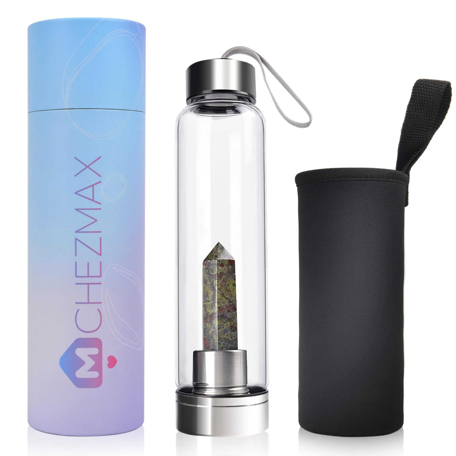 ChezMax Crystal Glass Water Bottle with Removable Natural Crystal Center - BPA Free Reusable Water Bottle with Quartz Gemstone for Home, Office, Yoga & Meditation Hydration