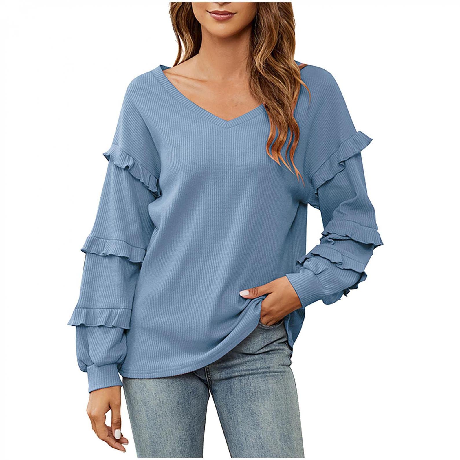 Women's Casual Ruffle Long Sleeve T-Shirt - Loose Fit V-Neck Tunic Blouse for Fall 2022 | Trendy Dressy Top for Work, Date Night & Everyday Wear