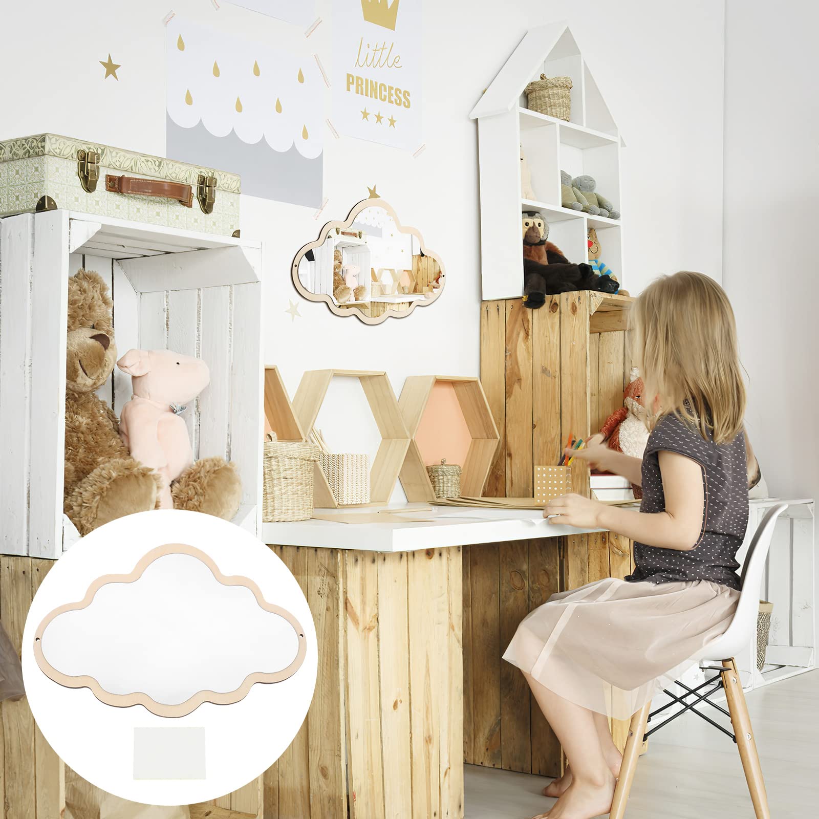 EXCEART Cloud Shaped Wooden Mirror - Decorative Wall Sticker & Tabletop Mirror for Home Decor, Kids Room, DIY Crafts, and Photo Props - Safe Non-Glass Design for Nursery & Playrooms