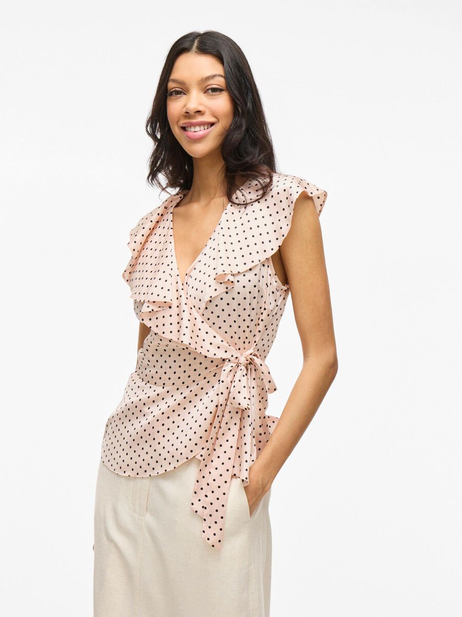 Kimberly Wrap Top Women's Blouse - Peach Whip with Black Polka Dots | Floral Print Wrap Shirt for Casual Wear, Office Outfits & Spring Summer Fashion