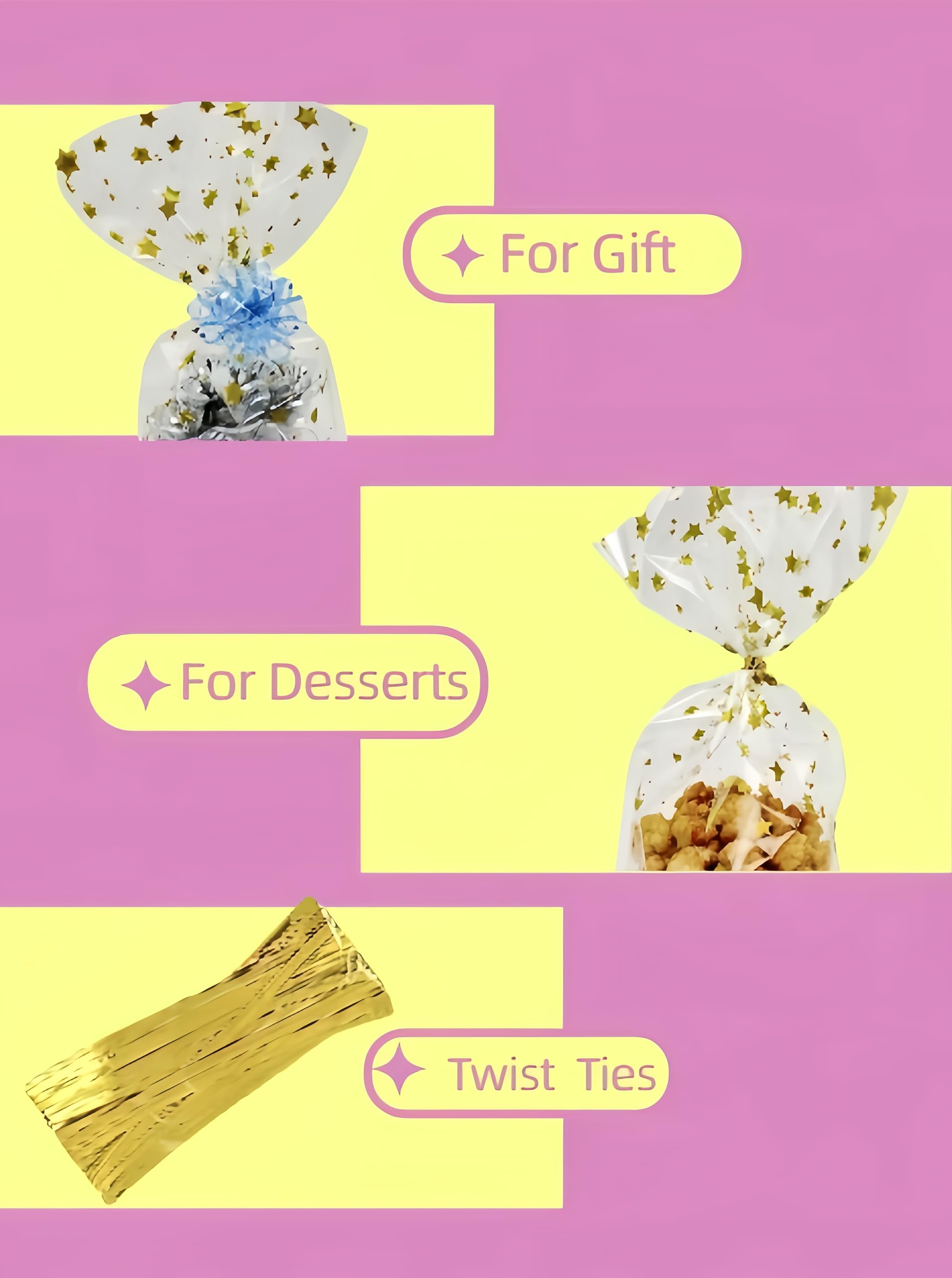 Premium Gold Star Cellophane Treat Bags with Twist Ties - 50 Pack Thick Plastic Small Cello Bags for Bakery, Cookies, Desserts & Candy Buffet Supplies - Perfect for Party Favors, Wedding Treats & Gift Packaging