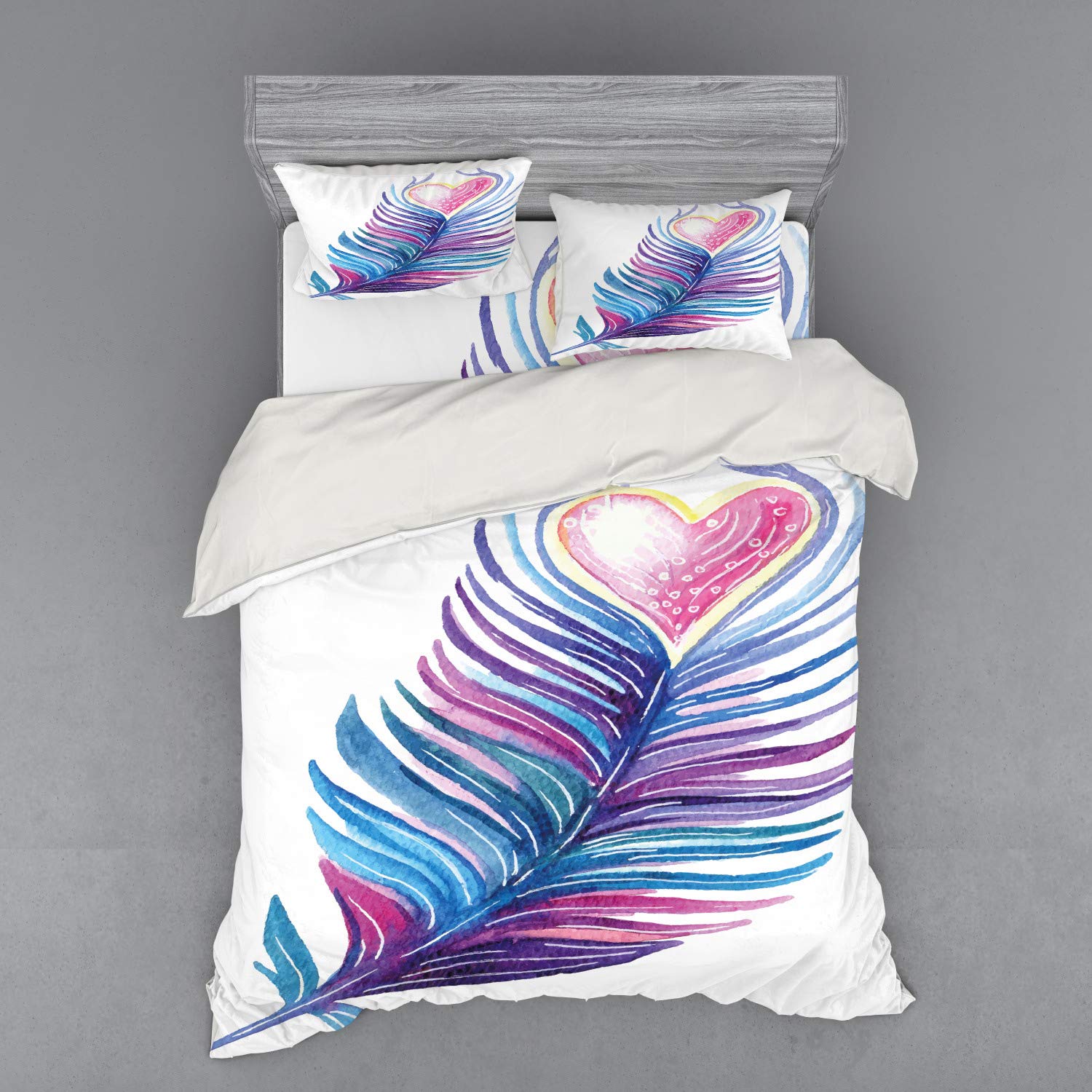 Ambesonne Feather Bedding Set - Hand Drawn Feather Heart Design in Vibrant Purple Pink Blue Colors, 4-Piece Queen Size Duvet Cover Set with Shams & Fitted Sheet | Perfect for Master Bedroom, Guest Room & Bohemian Home Decor