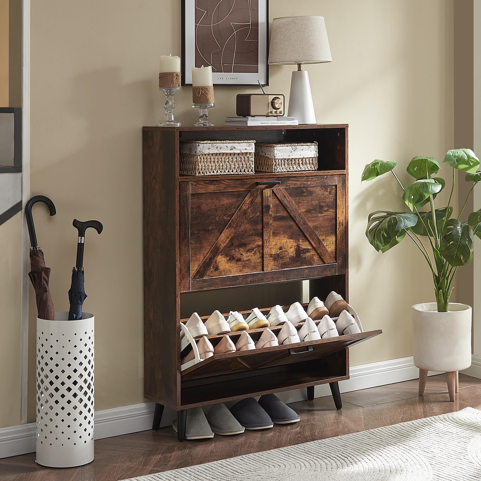 Farmhouse Shoe Storage Cabinet with 2 Flip Drawers - Entryway Shoe Organizer, Slim Freestanding Shoe Rack for 16 Pairs, Narrow Hallway & Living Room Storage Solution - Perfect for Small Spaces, Apartments and Clutter-Free Home Organization