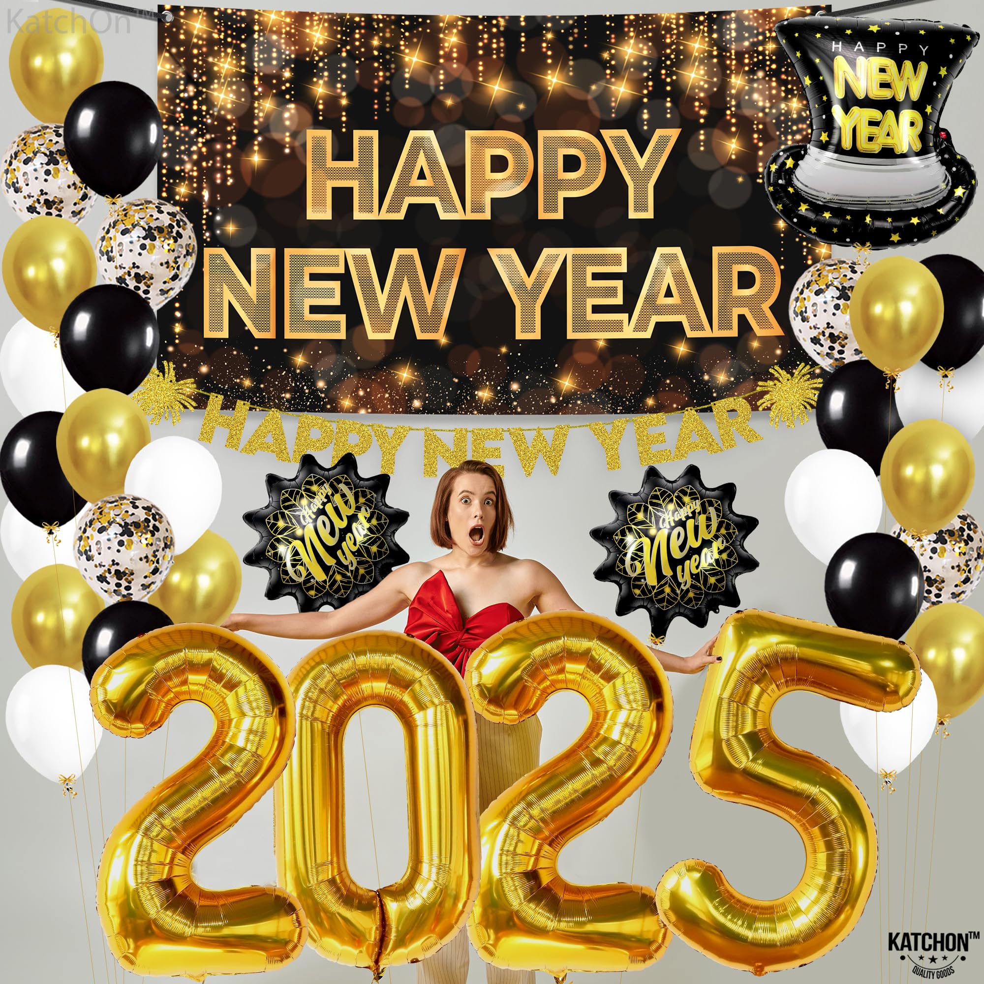 KatchOn 2025 New Year's Eve Party Supplies - 41-Piece Balloon Arch Kit, Happy New Year Banner & Decorations Set | Perfect for NYE Countdown, Home & Office Celebrations