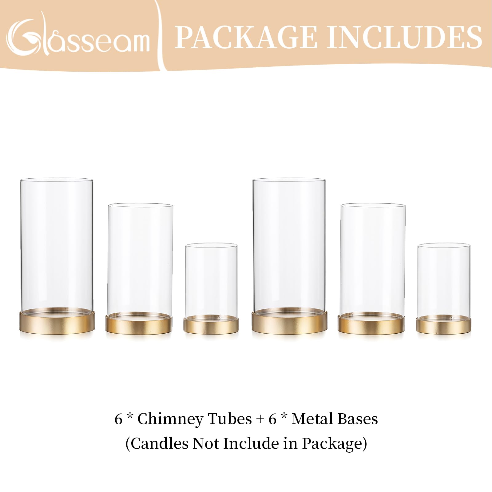 Glasseam Hurricane Glass Candle Holders Set of 6 - Gold Metal Pillar Candle Holders with Clear Glass Chimney for Wedding, Outdoor, Home Decor - Elegant Table Centerpiece for Dining Room, Patio, and Special Events