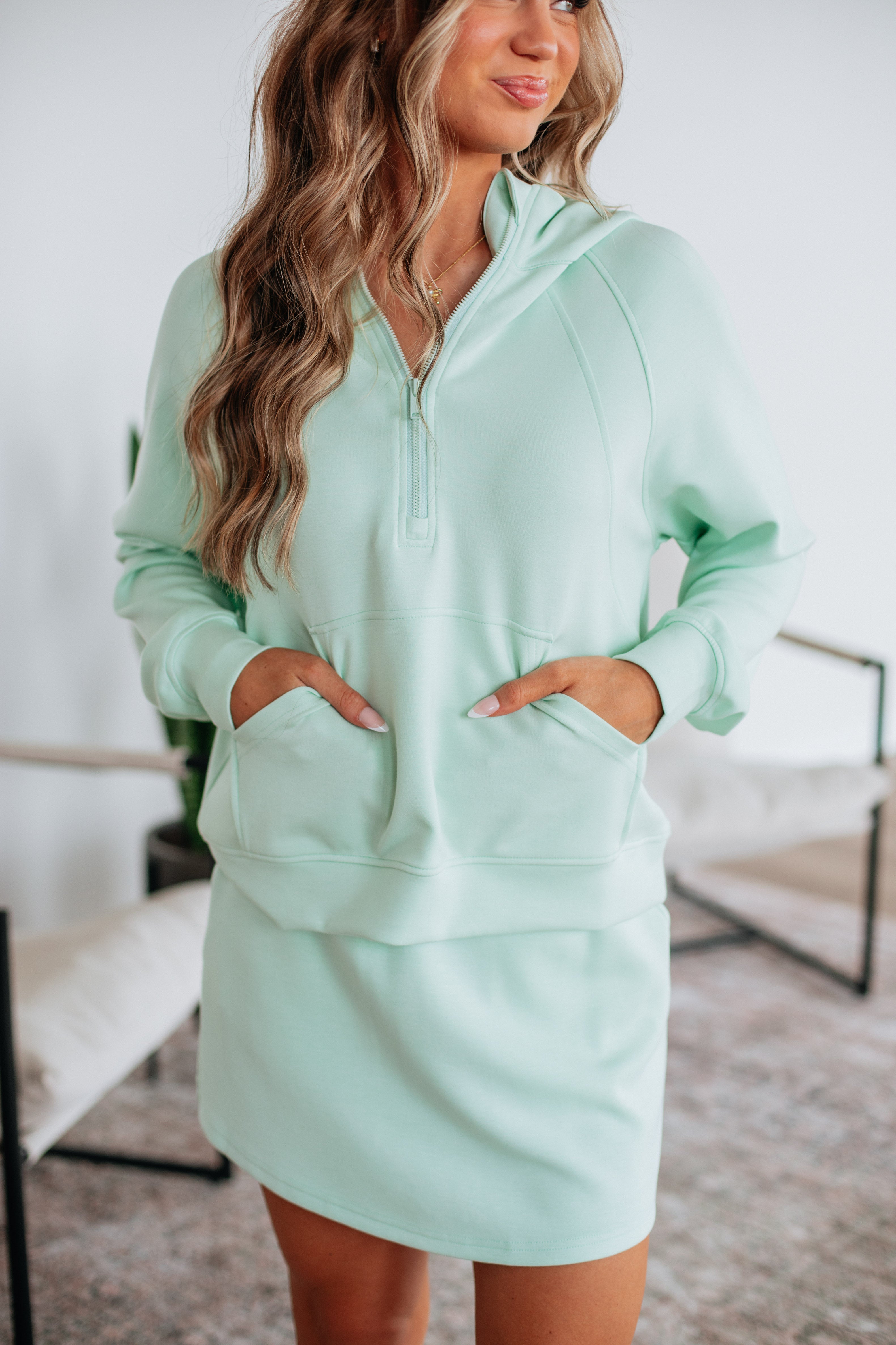 Aubrie Half Zip Pullover Women's Lightweight Fleece Hoodie - Mint Green for Outdoor Hiking & Casual Wear