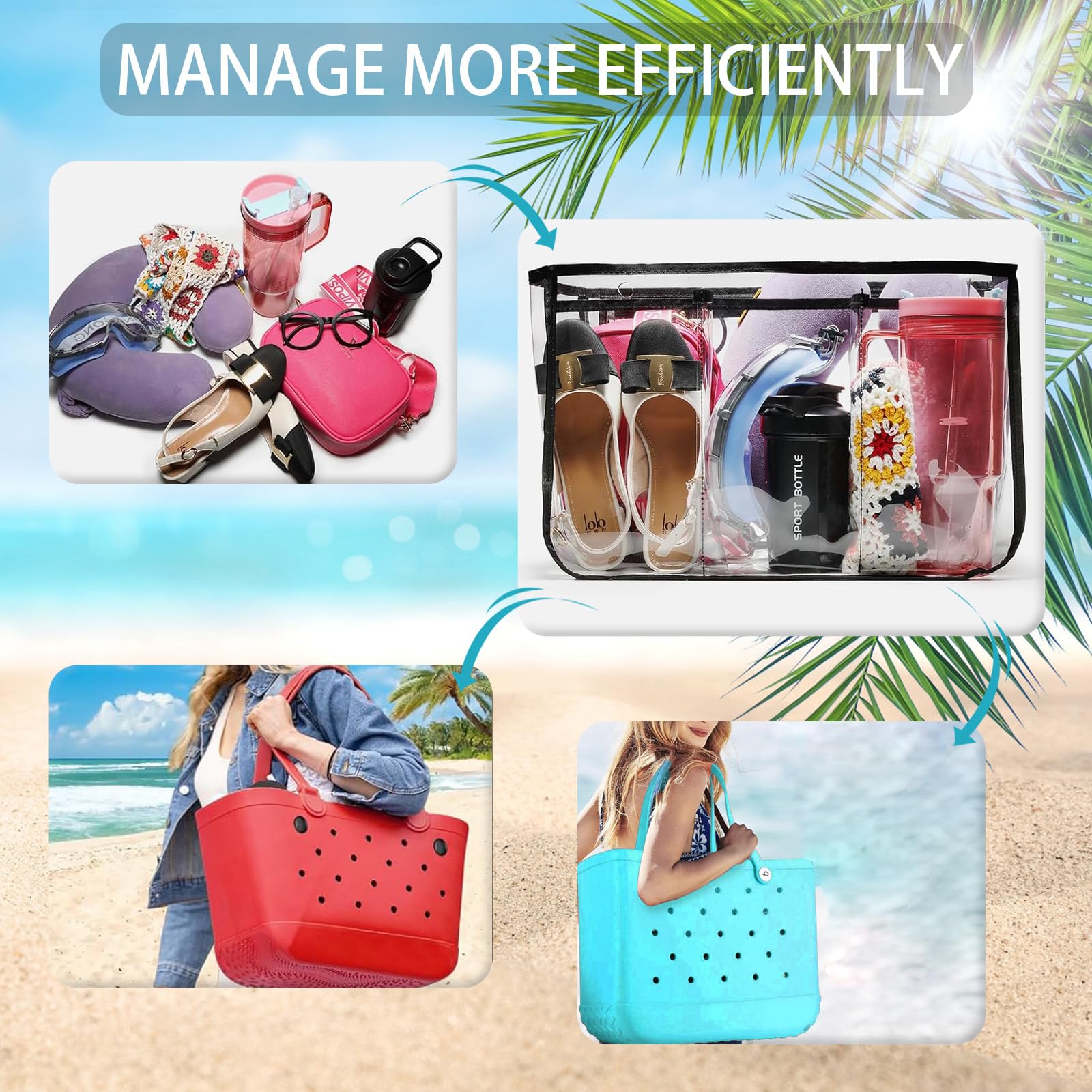 Bogg Bag XL Organizer Insert - Waterproof Beach Bag Divider with Transparent & Black Options | Perfect for Pool, Travel, and Summer Outings