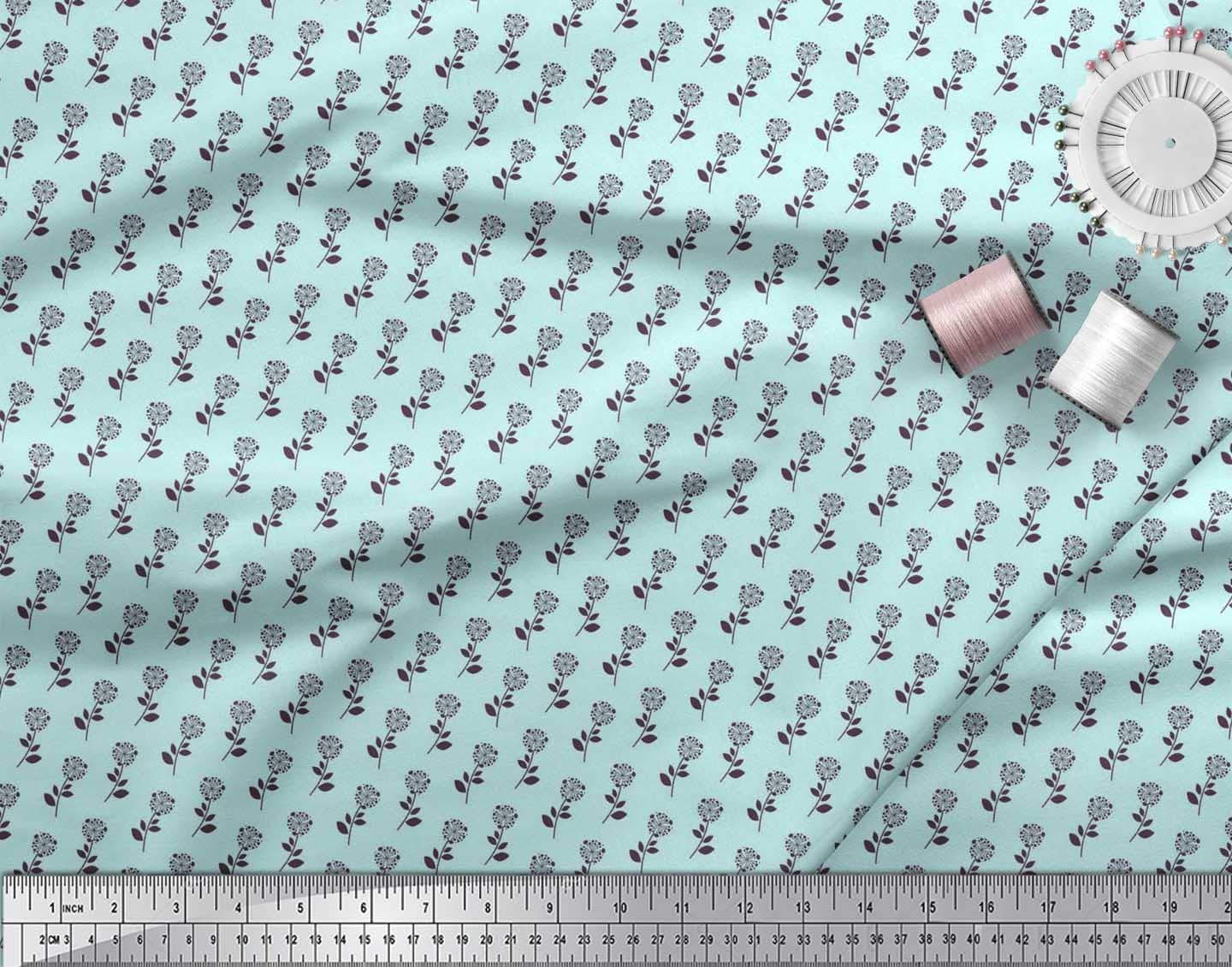 Soimoi 100% Cotton Jersey Fabric - Blue Leaves & Floral Print - 58