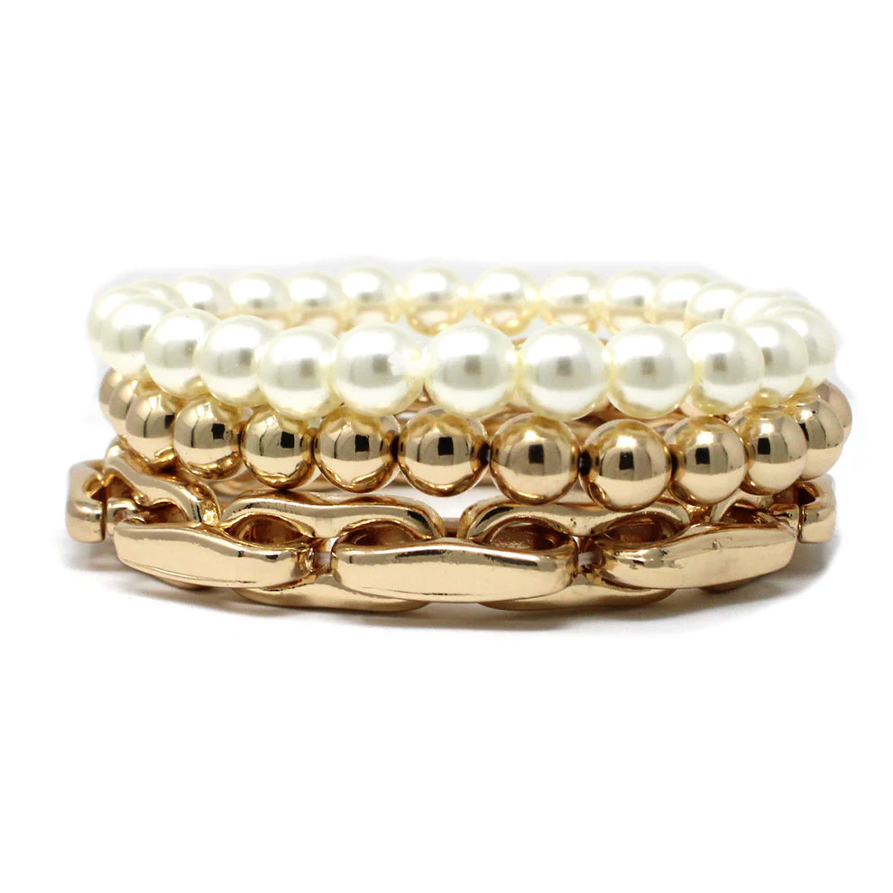 Elegant Three Row Pearl and Gold Stretch Bracelets for Women - Perfect for Weddings, Parties & Everyday Wear
