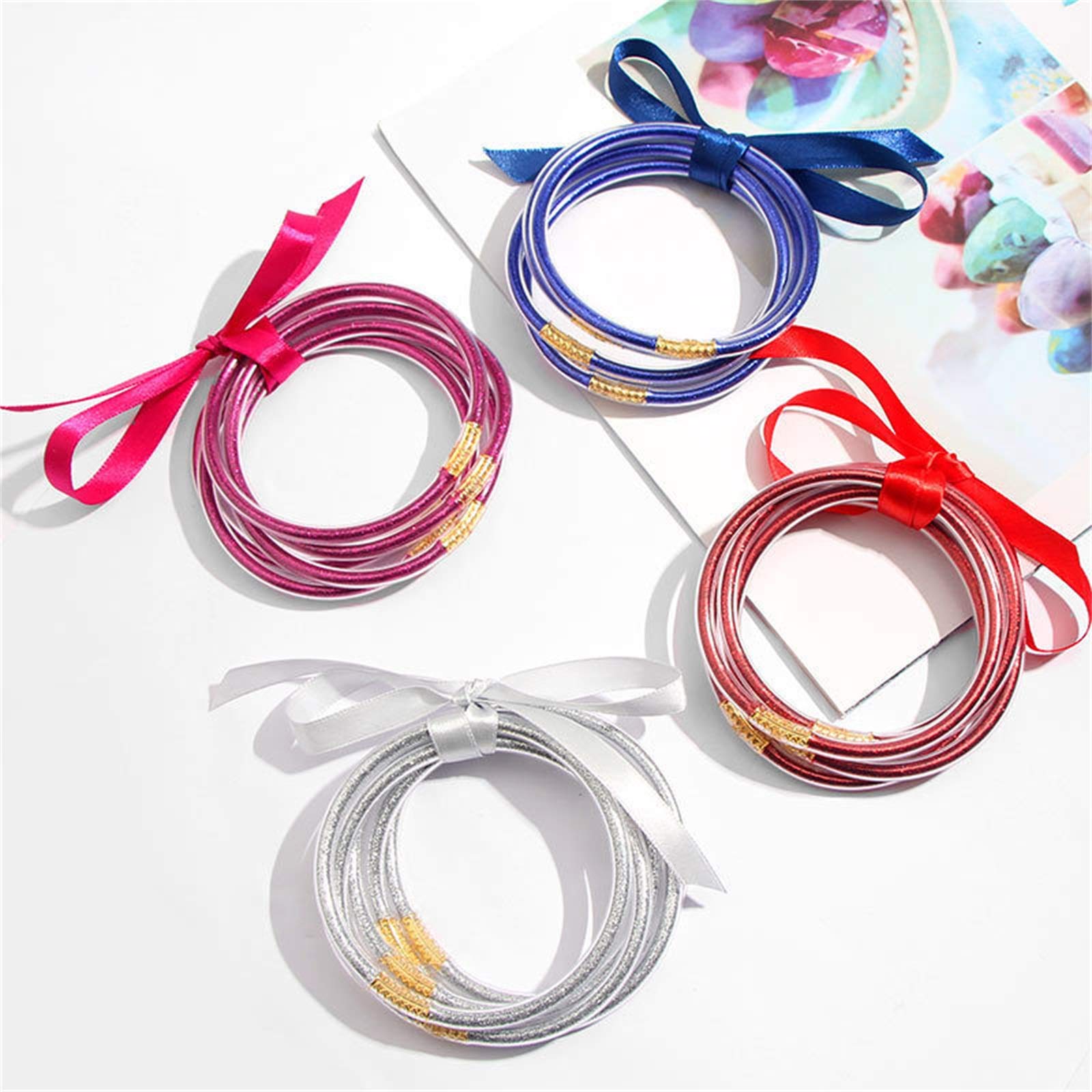 **TengHong2021 Glitter Jelly Bangles Bracelets - Colorful Bowknot Lightweight Cute Soft Silicone Glitter-Filled Jelly Bracelets for Women & Girls - Perfect for Parties, Gifts & Everyday Fashion**