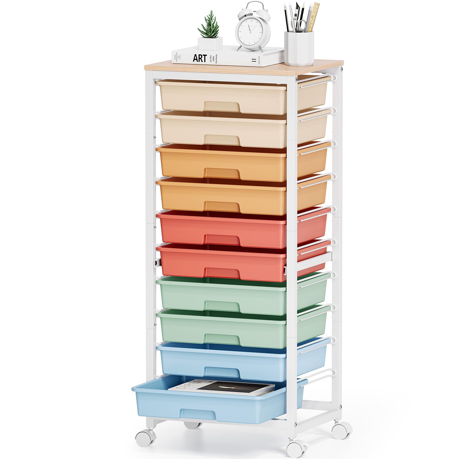 10-Drawer Rolling Storage Cart with Wheels & Wooden Tabletop - Mobile Utility Organizer for Classroom, Craft Room, Office & Home Use - Rainbow Design Teacher Cart