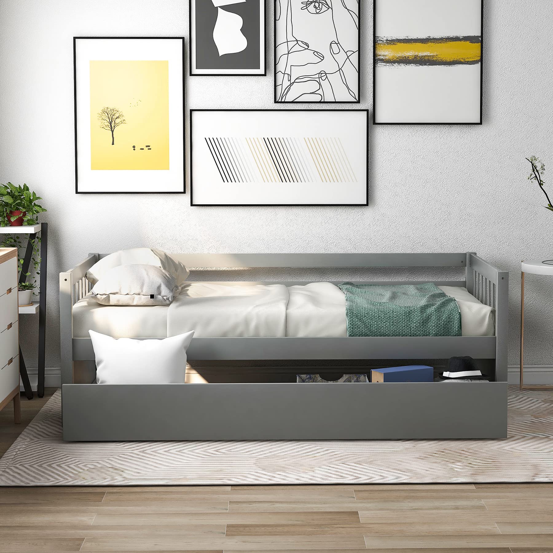 Majnesvon Twin Daybed with 2 Storage Drawers - Solid Wood Frame & Premium Slat Support - No Box Spring Needed - Easy Assembly - Gray - Perfect for Guest Rooms, Kids' Rooms & Small Spaces
