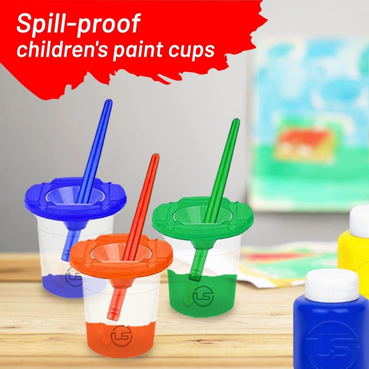 Spill-Proof Paint Cups with Lids for Kids - 6 Non-Spill Painting Containers & 6 Toddler Paint Brushes - Washable Art Supplies for Classroom, Home & Outdoor Painting Activities