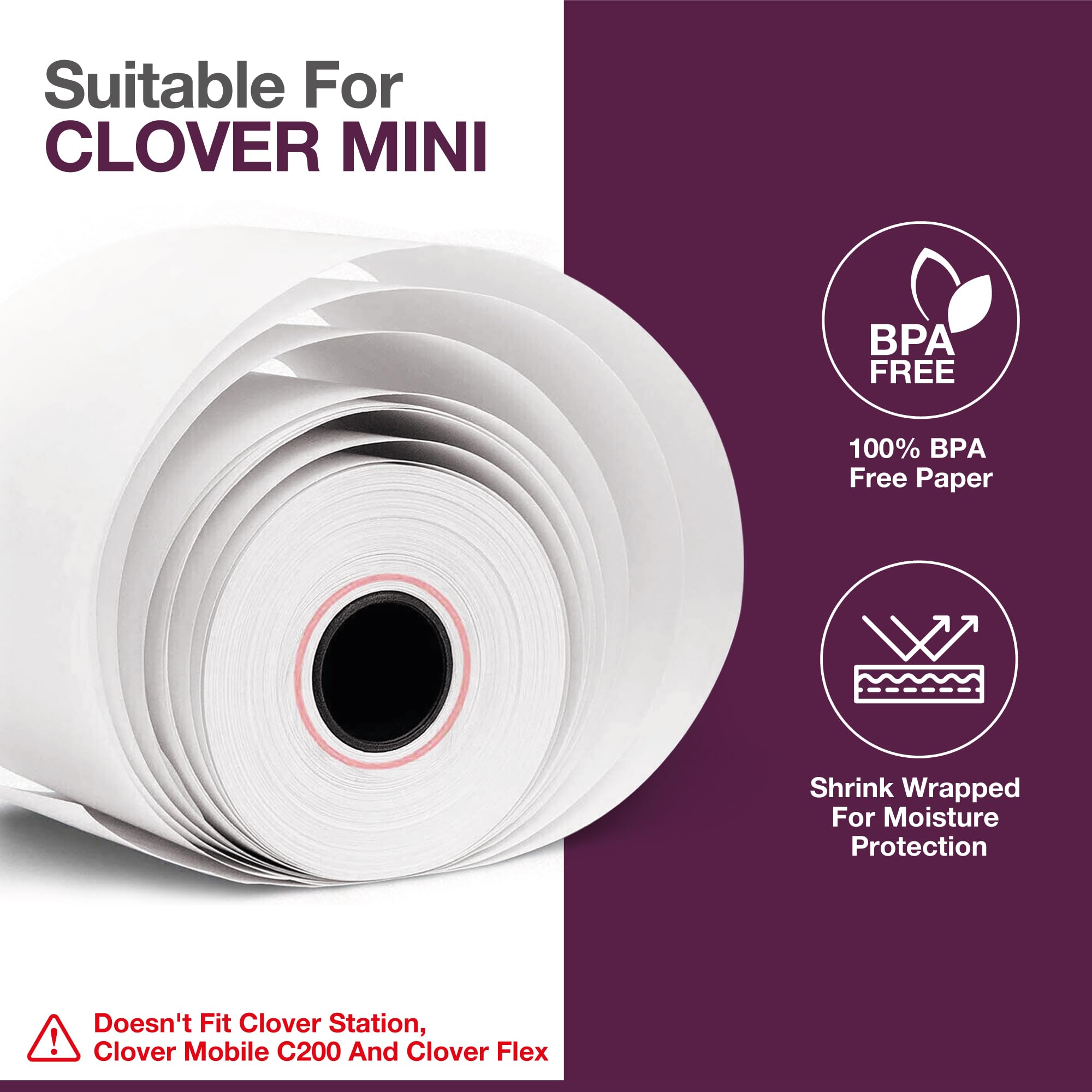 Clover Mini Receipt Paper Rolls - 10 Pack BPA Free Thermal Paper (55 GSM) for Clover Mini C300, C301, C302, C305 - Perfect for Retail Stores, Restaurants & Small Business POS Systems