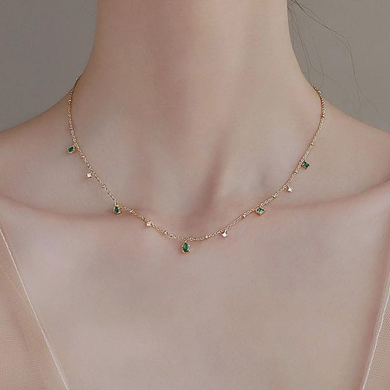 Boho Emerald Dangle Necklace - Green Gemstone Waterdrop Pendant with Gold Cz Crystal Chain - Elegant Choker Jewelry for Women & Girls - Perfect for Parties, Weddings & Everyday Wear