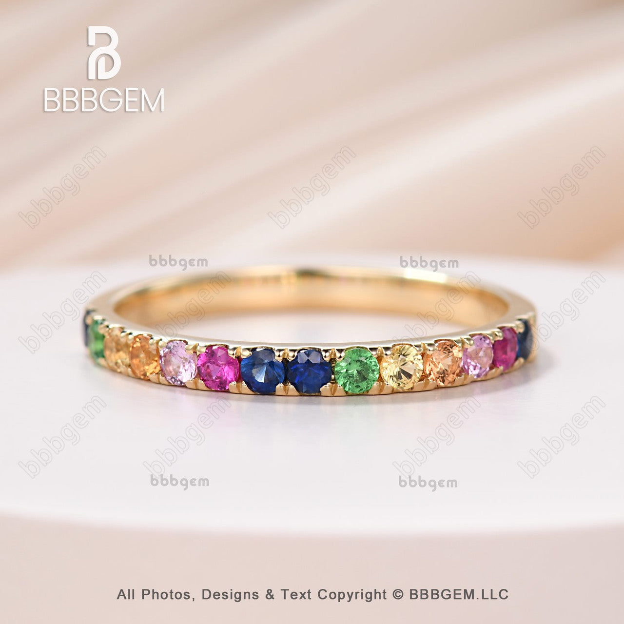 18K Yellow Gold Rainbow Sapphire Wedding Band - Half Eternity Pave Ring for Women, Anniversary & Engagement Gift (Perfect for Bridal Jewelry, Valentine's Day & Special Occasions)