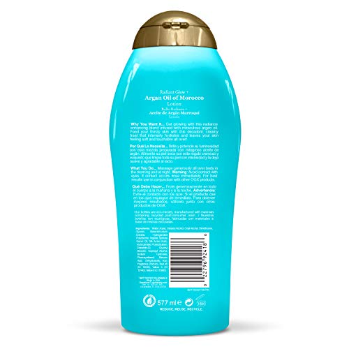 Radiant Glow + Argan Oil of Morocco Hydrating Body Lotion, 19.5 Fl Oz - Bundle with Makeup Cleansing Cloth | Deeply Moisturizing & Quick Absorb Cream for Soft, Smooth Skin | Pack of 2 | Perfect for Daily Skincare Routine & Post-Shower Hydration