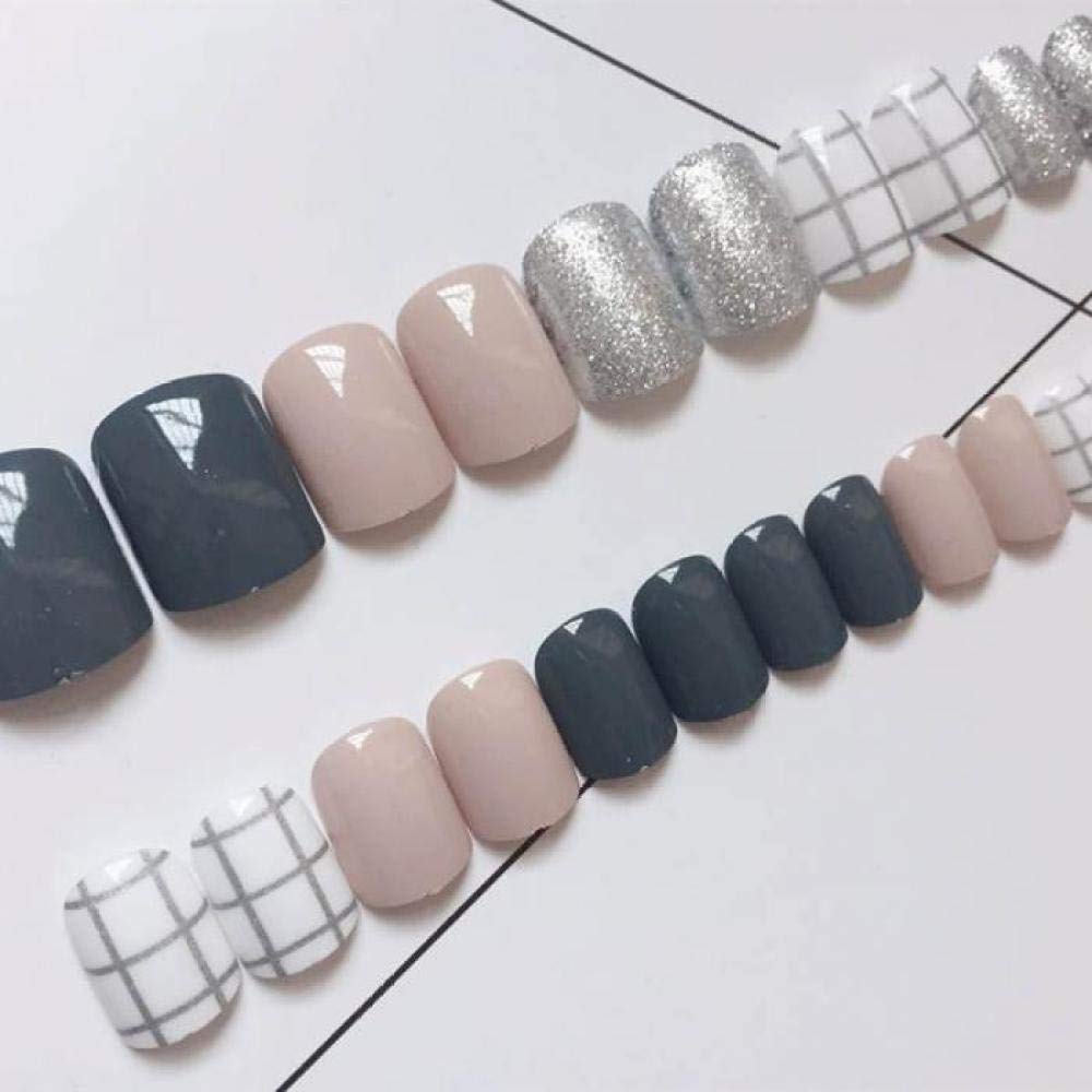 24 PCS Short False Nails - Dark Blue & White Grid Design with Silver Flash | Press on Fake Nails for Women | Perfect for Parties, Weddings & Daily Wear