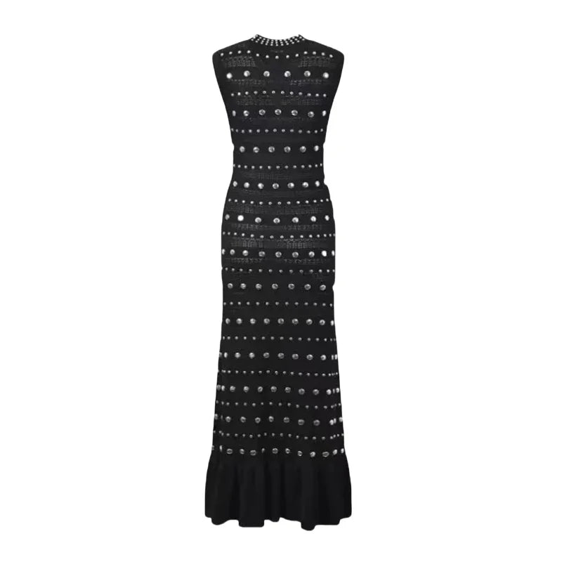 Black Diamond Sleeveless Ruffle Edge Knitted Dress for Women - Summer Red Elegant Round Neck Office Slim Wrap Hip Long Dress - Perfect for Work, Cocktail Parties & Date Nights