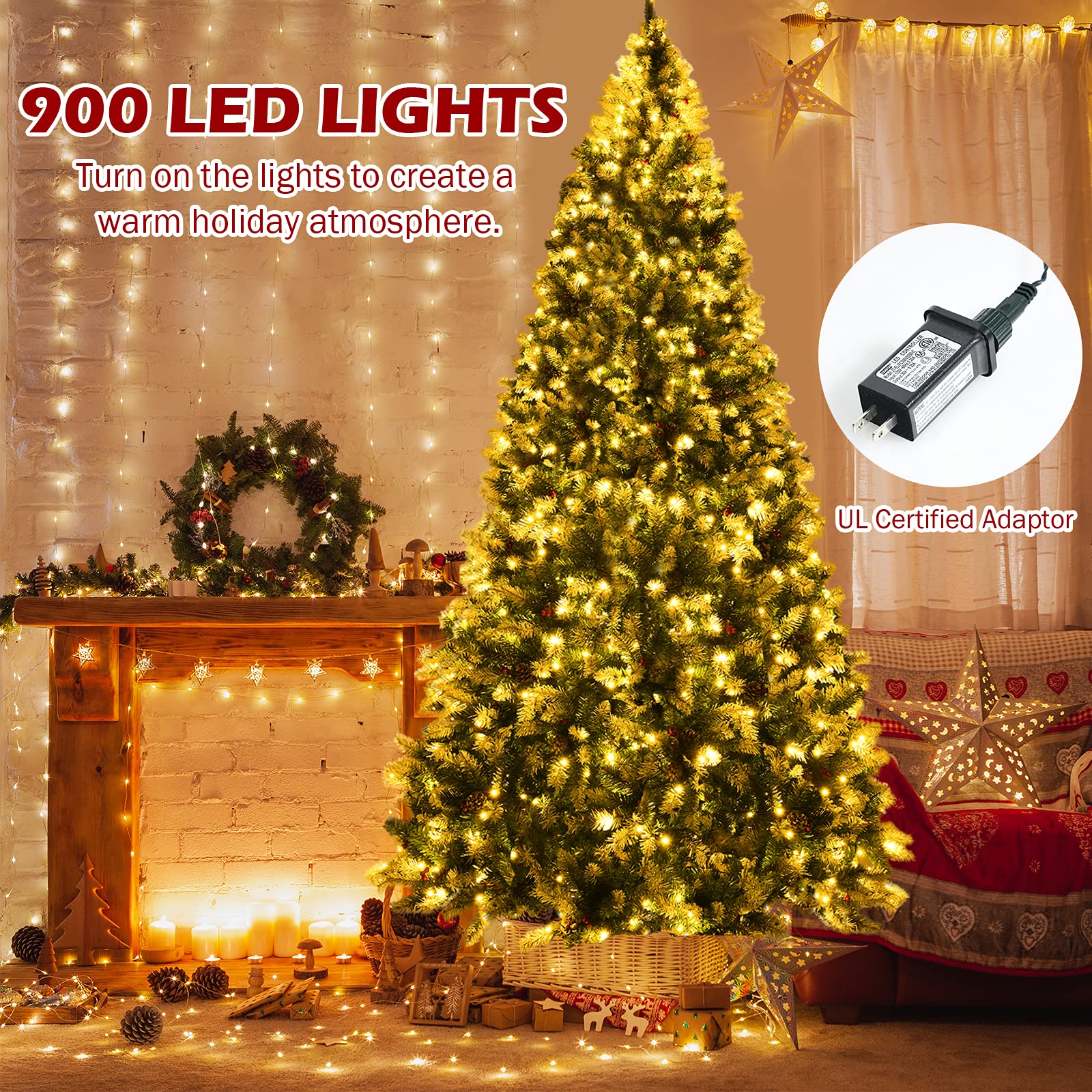 Goplus 9ft Pre-lit Artificial Christmas Tree with Snow Flocked Branches, Pine Cones & Red Berries - 900 Warm White LED Lights, 8 Lighting Modes for Indoor Holiday Decor - Perfect for Living Room, Office & Christmas Party Decoration