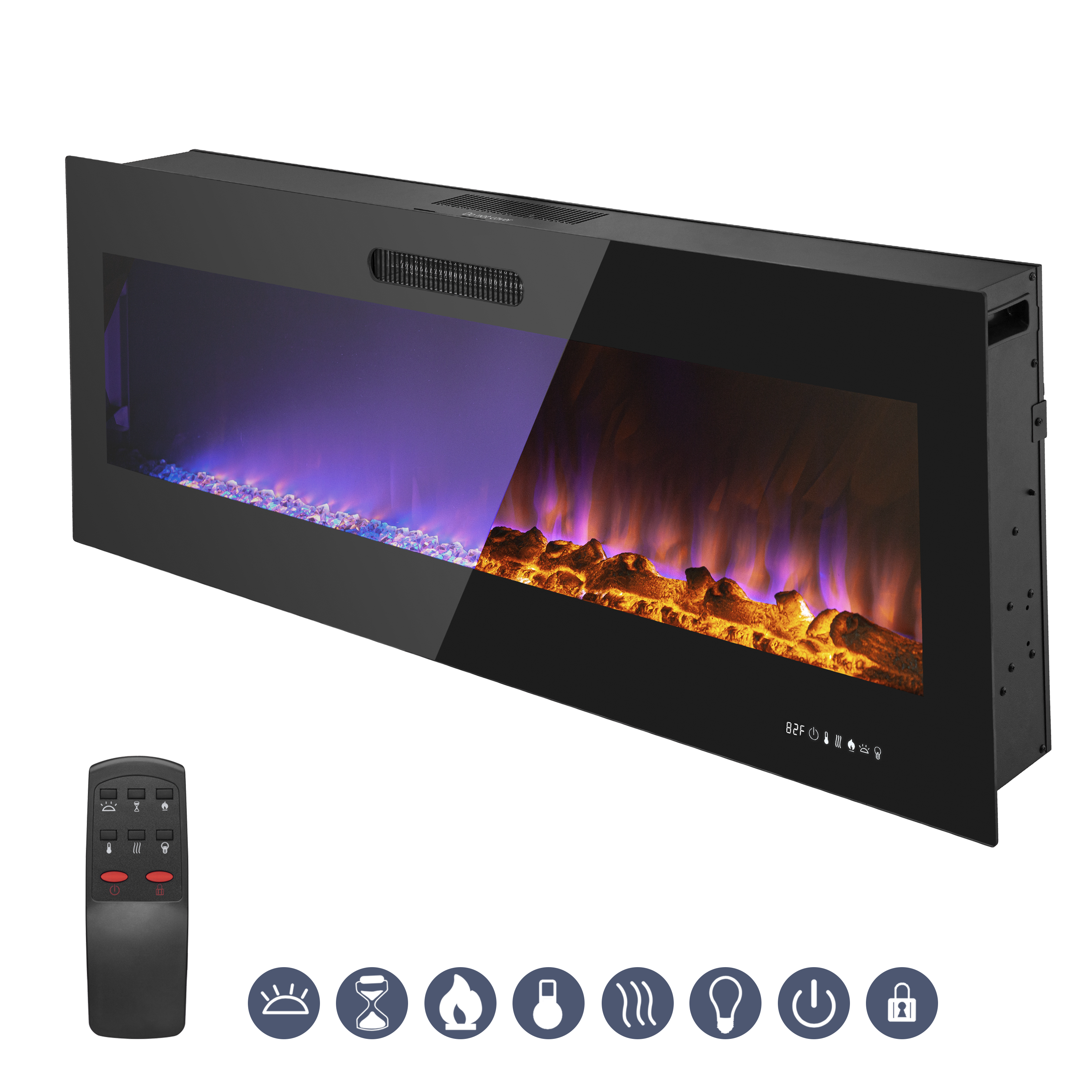 60 Inch LED Slim Electric Fireplace Insert - Wall Mounted Fireplace with 1500W Heater, Adjustable Realistic Flame, Remote Control | Log & Crystal Ember Options | Perfect for Living Room, Bedroom & Office Heating & Decor