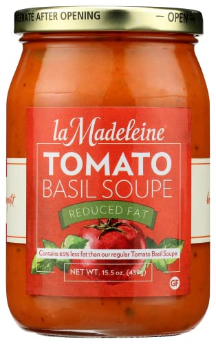 La Madeleine Tomato Basil Soup 15.5oz Glass Jar (Pack of 4) | Reduced Fat | Gourmet French-Inspired Soup | Perfect for Quick Lunches, Cozy Dinners & Holiday Meals
